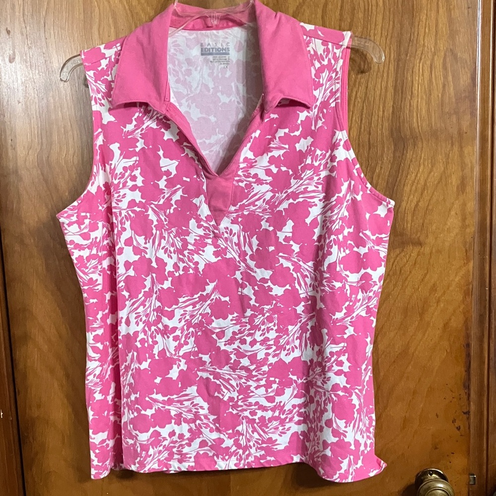 Basic Editions Pink & White Floral Collared Sleeveless Tank